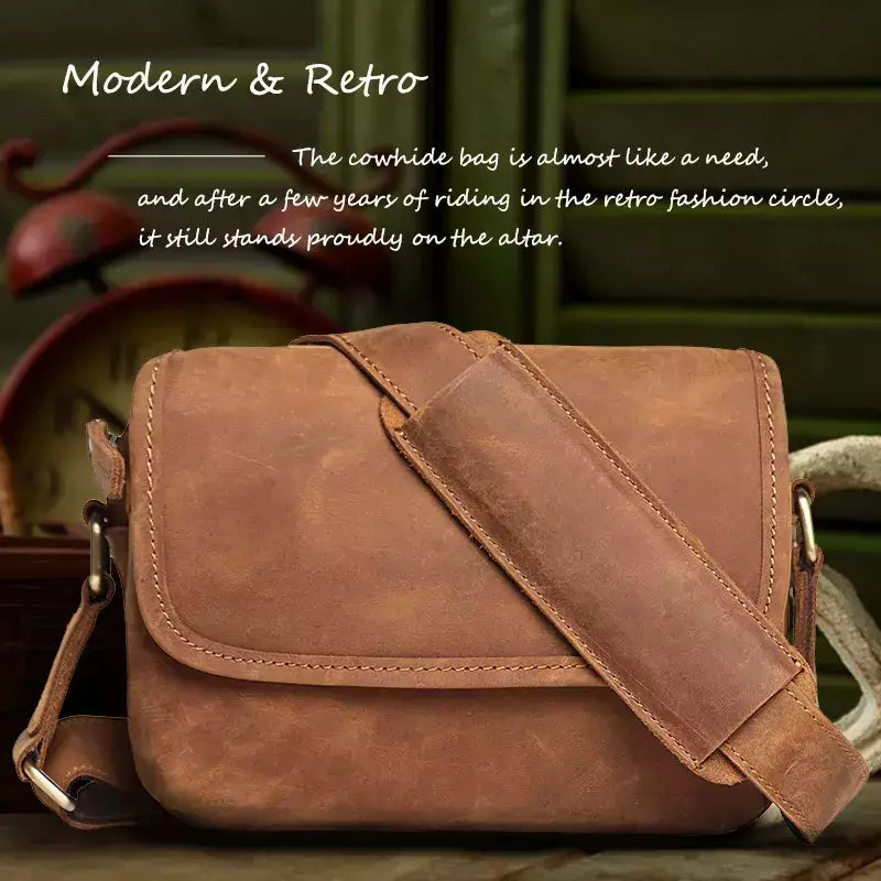 Bolsa de ombro retrô de couro genuíno masculina, grande capacidade, bolsa transversal diagonal, bolsa pequena para iPad, cavalo louco