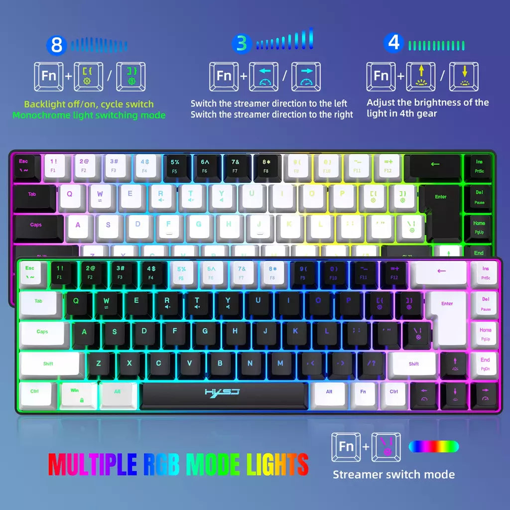 Teclado para jogos com fio USB, 68 teclas, 20 RGB Backlight, Keycaps preto e branco, Windows Laptops, Computador