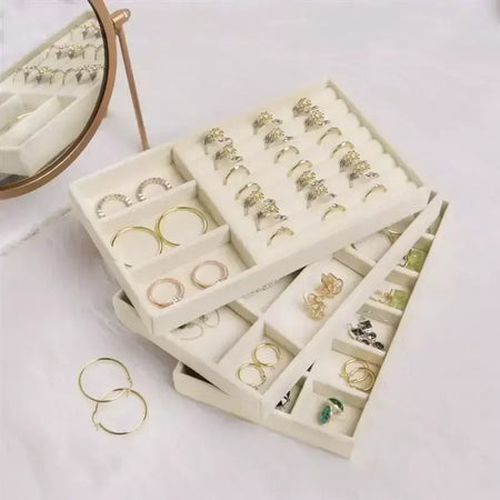 Atualizar caixa de armazenamento de jóias de veludo colar empilhável bandeja de exibição pulseira brinco organizadores diy artesanato gaveta caixa cinza