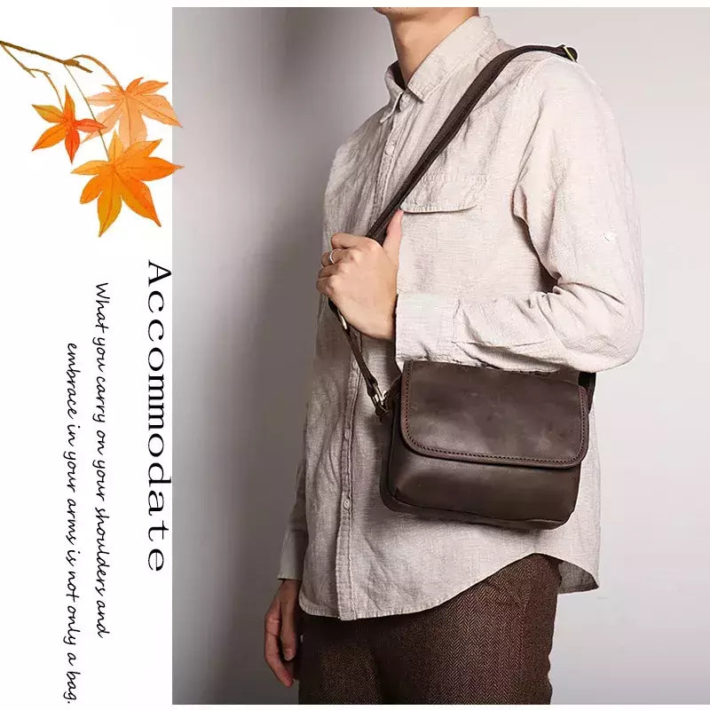 Bolsa de ombro retrô de couro genuíno masculina, grande capacidade, bolsa transversal diagonal, bolsa pequena para iPad, cavalo louco