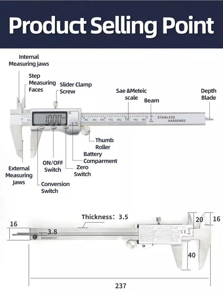 Paquímetro de metal digital pacômetro profissional vernier calibre ferramentas medição carpintaria medidor espessura profundidade régua eletrônica