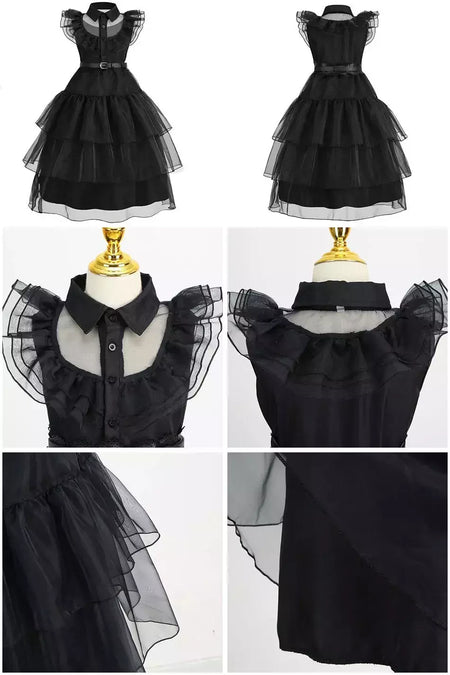 Crianças addams traje do bebê meninas família cosplay traje de halloween crianças família dança vestido preto quarta-feira pageant fantasia