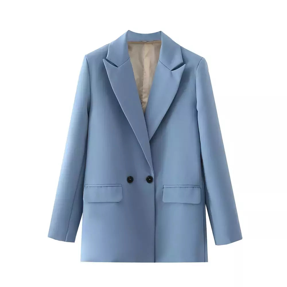 TRAF-Blazer de trespassado feminino, gola entalhada, manga comprida, chique, senhora do escritório, casaco vintage, casacos femininos, tops elegantes, moda