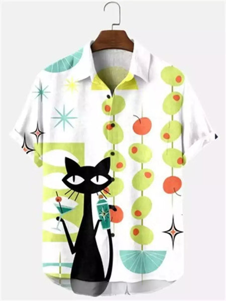 Camisa havaiana dos desenhos animados de anime masculino, Tops de manga curta, roupas casuais masculinas, rua, animais, gatos, retrô, 3D Tees, verão