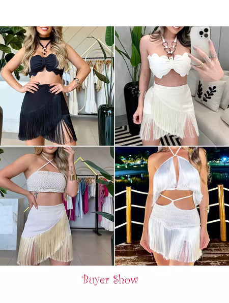 Conjunto sexy de biquíni feminino, sutiã de renda, mini saia, férias de praia, fato de banho feminino casual, 2 peças, verão
