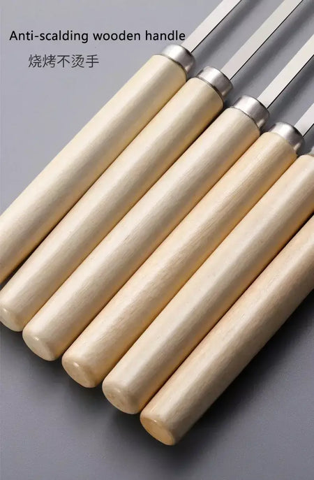5/10 peças espetos de churrasco anti-escaldante com cabo de madeira podem ser reutilizados 304 espetos de churrasco de metal de aço inoxidável espetos largos