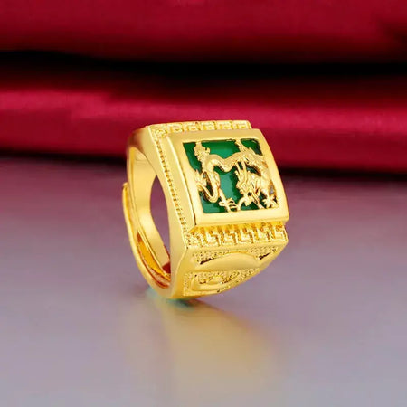 Anel do zodíaco do dragão masculino em ouro 24K AU999 - Dragão polido + contraste do zodíaco fosco, nuvens cinzeladas-flamas, negociação aura completa