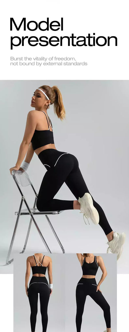 PINGNIAO-Calças e Sutiã Yoga de Cintura Alta para Mulheres, Alça Cruzada, Terno Esportivo, Fitness Wear, Design De Linha
