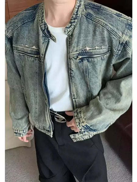 Jaqueta jeans de rua masculina, vintage lavada, jaqueta de caubói angustiada, streetwear casual, primavera, novo, estilo americano, zíperes