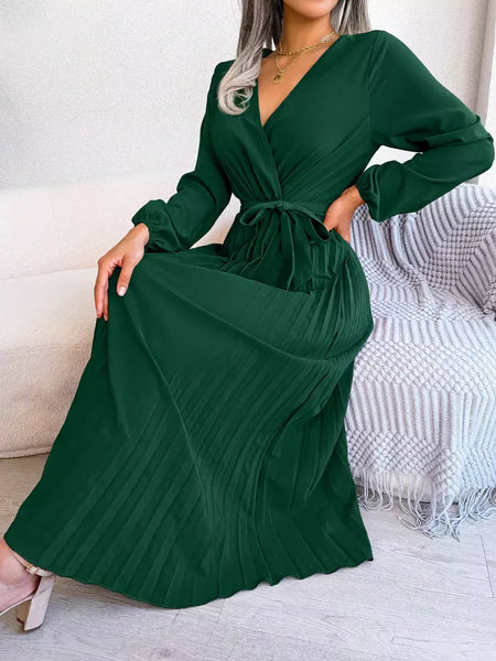 Elegante V Neck manga comprida das mulheres plissado vestido Maxi