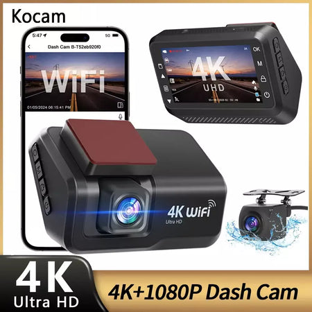 Kocam 4K UHD Dash Cam WiFi Carro DVR Dianteira e Traseira Lente Dupla Câmera Auto para Carro com Visão Noturna 24H Monitor de Estacionamento Caixa Preta