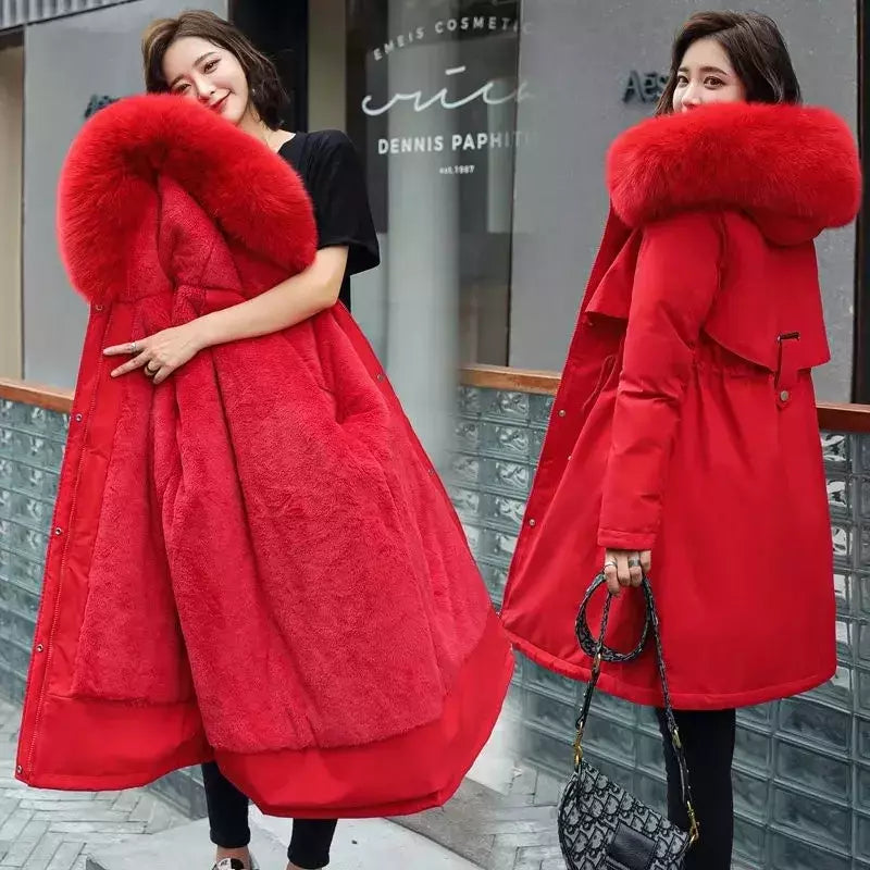 Parka longa e acolchoada feminina com forro de lã, jaqueta com capuz, gola de pele, quente, grossa, neve, roupas grandes, inverno
