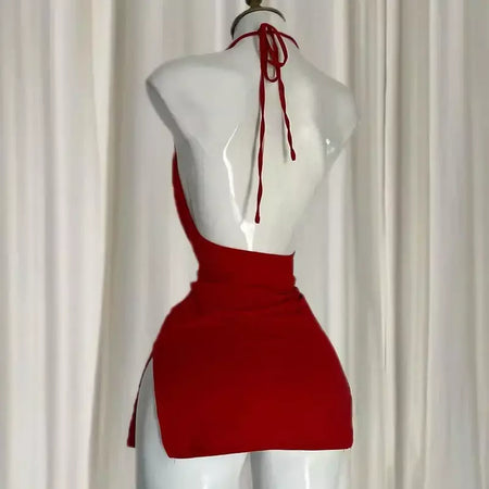 Vermelho decote em v sem costas vestido bandagem elegante irregular magro doce coreano feminino mini vestidos 2025 nova moda boate sexy menina