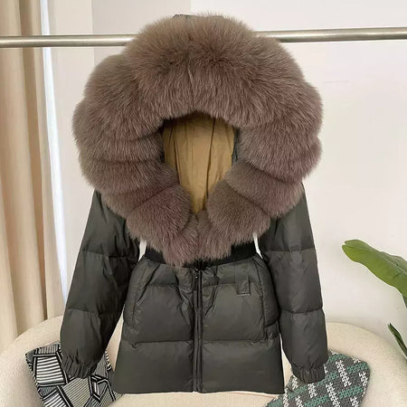 Oftbuy 2024 jaqueta de inverno feminina gola de pele de raposa natural real com capuz grosso quente 90% pato branco para baixo casaco feminino streetwear casual