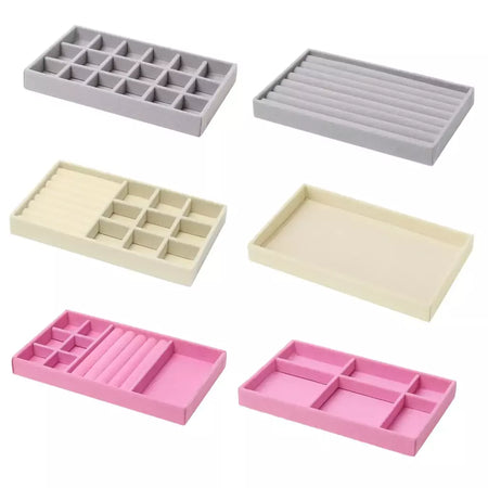 Atualizar caixa de armazenamento de jóias de veludo colar empilhável bandeja de exibição pulseira brinco organizadores diy artesanato gaveta caixa cinza