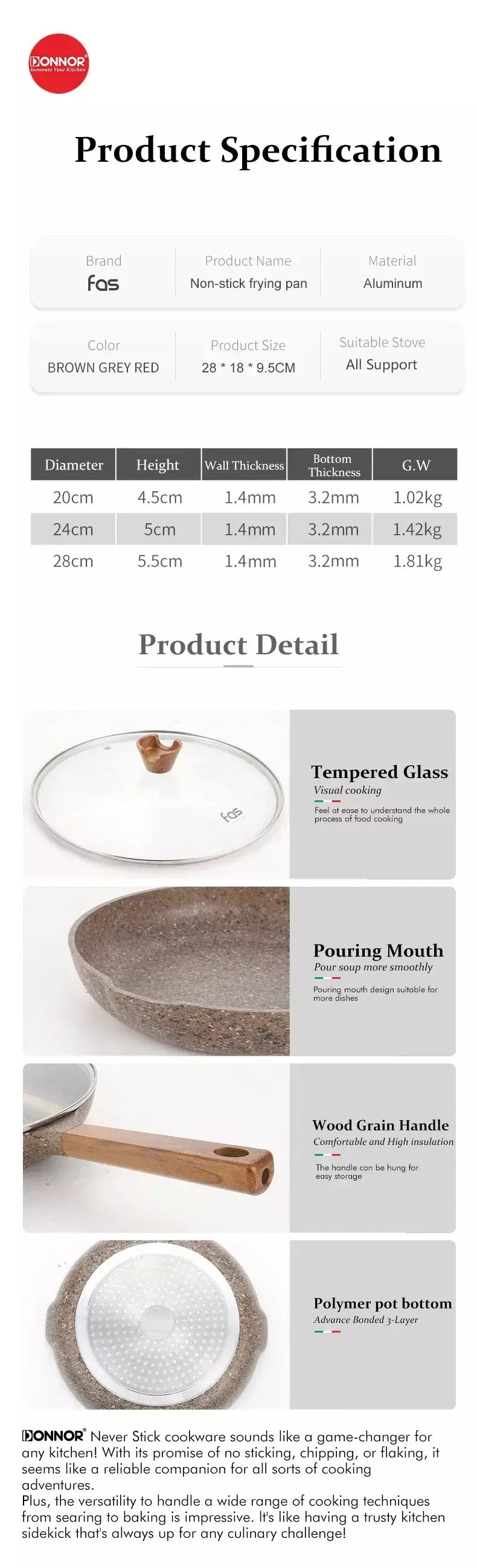 Donnor frigideira de granito 20/24/28cm, frigideira de pedra médica, frigideira de omelete saudável, não tóxica com alça resistente ao calor