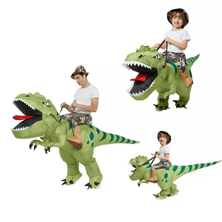 Nova venda quente engraçado criança adulto inflável equitação dinossauro verde cosplay traje crianças fantasia vestido de festa tema do feriado do dia das bruxas