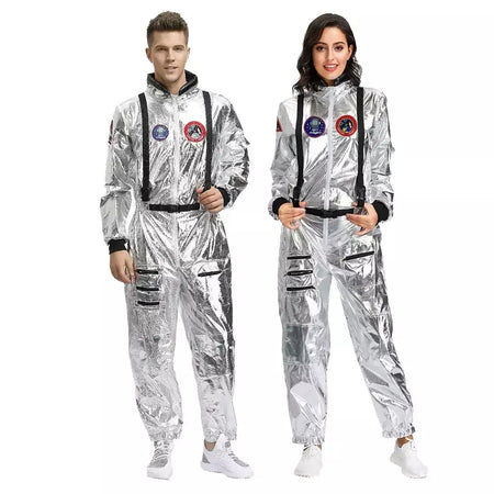 Adulto prata astronauta traje das mulheres dos homens spaceman terno espaço macacão halloween cosplay festa vestir-se