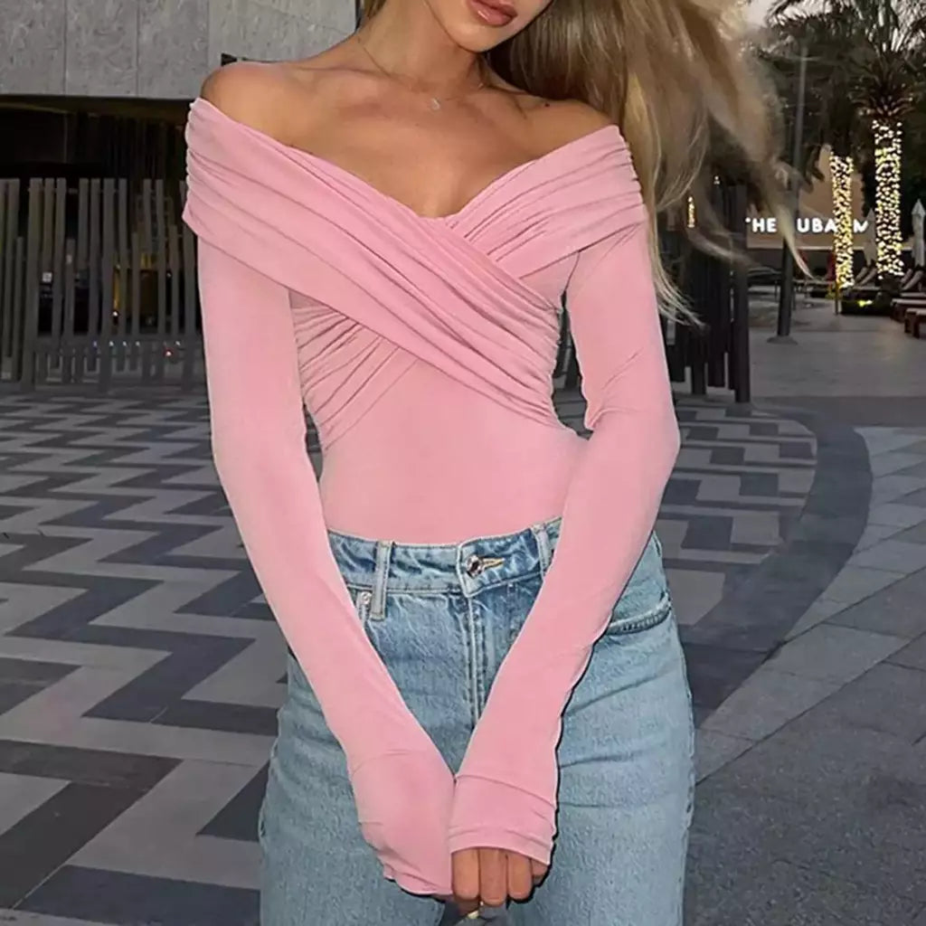 Camisas de ombro feminino, camisas curtas, frente cruzado, manga comprida, tops slim fit, roupas femininas, clubwear, streetwear feminino, moda