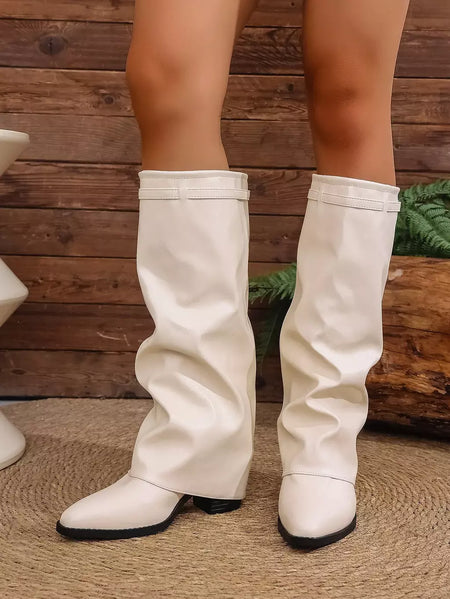 Moda plissada bota de salto alto outono novo tamanho grande estilo britânico calças de tubo alto bota feminina transfronteiriça lindamente
