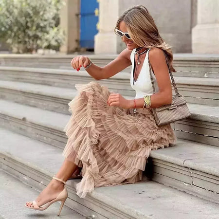 Vestido de Baile Sólido Feminino, Saia Longa, Cintura Alta, Plissada, Elegante senhoras, Malha Selvagem, Saias Maxi de Namoro, Novo, Gota, 2022