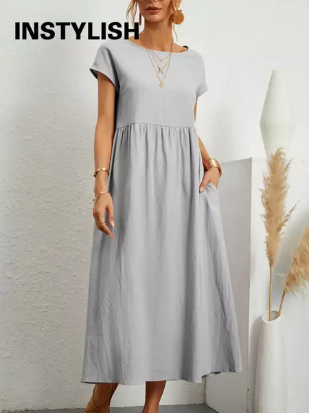 Vintage sólido midi vestido casual manga curta algodão e linho harajuku oversized vestido longo feminino verão y2k maxi vestido de verão 2023