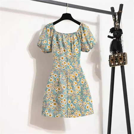 Mulheres mini vestidos de verão moda feminina vestidos impressão floral chiffon vestidos shirring plissado manga curta inchado vestido casual