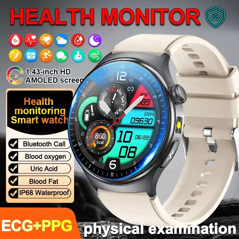 2026 novo relógio inteligente masculino feminino exame micro-físico ecg + ppg oxigênio no sangue ácido úrico pressão arterial safira smartwatch masculino