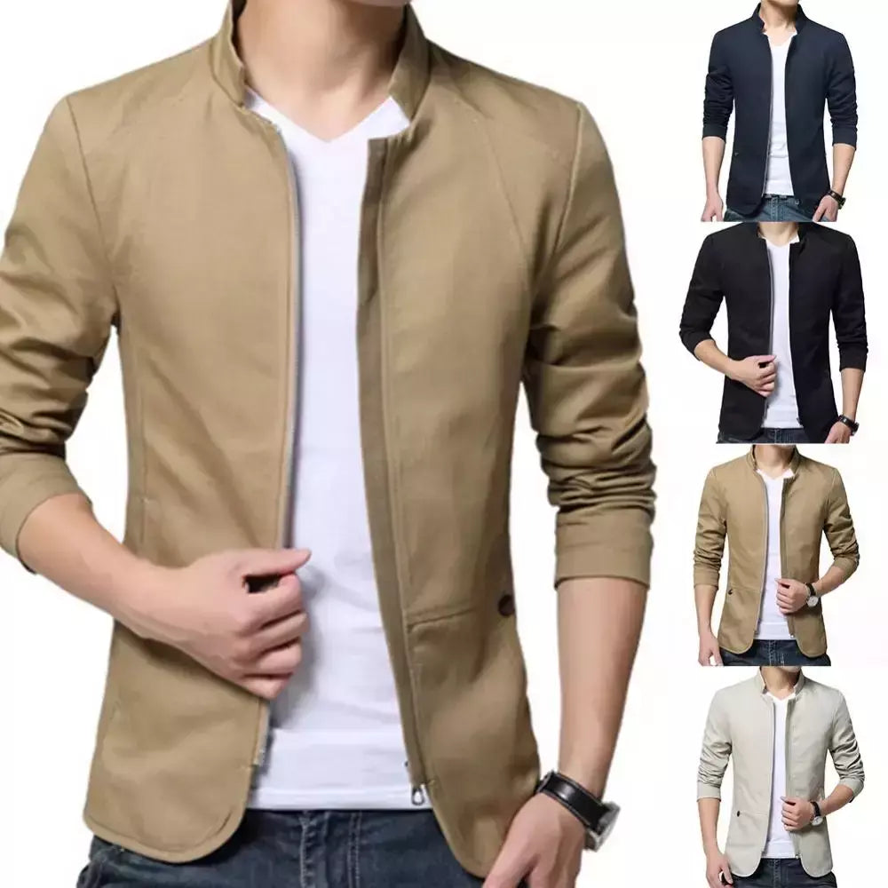 Blazer casual masculino com gola de suporte, jaqueta de negócios elegante, casaco monocromático com bolsos de zíper fino e fino, primavera e outono