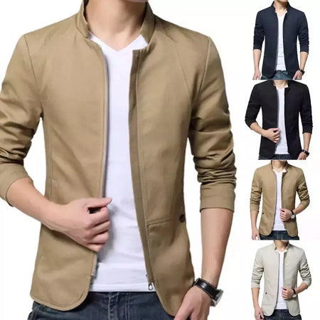 Blazer casual masculino com gola de suporte, jaqueta de negócios elegante, casaco monocromático com bolsos de zíper fino e fino, primavera e outono