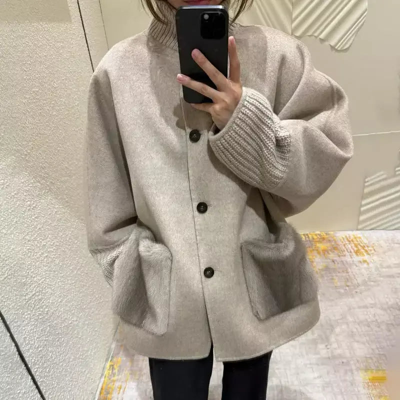 Gola de pele emendada longa pele de lã casaco feminino moda casual manga comprida lapela solta quente curto jaqueta senhora diariamente streetwear