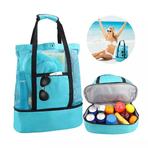 Grande bolsa de malha transparente de camada dupla para mulheres, alta capacidade, preservação de calor, piquenique, praia, bolsa, escritório, almoço, lanches, bolsa