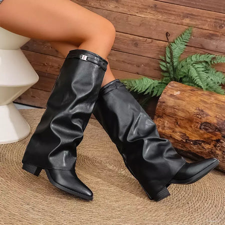 Moda plissada bota de salto alto outono novo tamanho grande estilo britânico calças de tubo alto bota feminina transfronteiriça lindamente