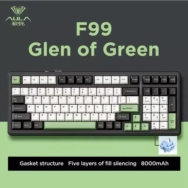 Aula f99 teclado mecânico para jogos, três modos, 2.4g, sem fio, bluetooth, com fio, troca quente, junta pbt, rgb para jogos, digitação, 99 teclas
