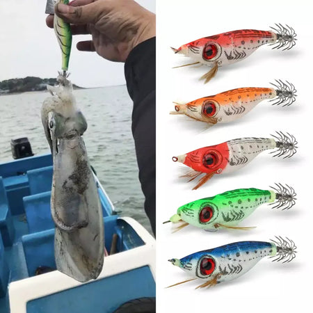 Dndyuju 5 pçs 9g/10cm isca de pesca chumbo chumbada lula gabarito gancho conjunto camarão de madeira artificial polvo choco camarão isca dura
