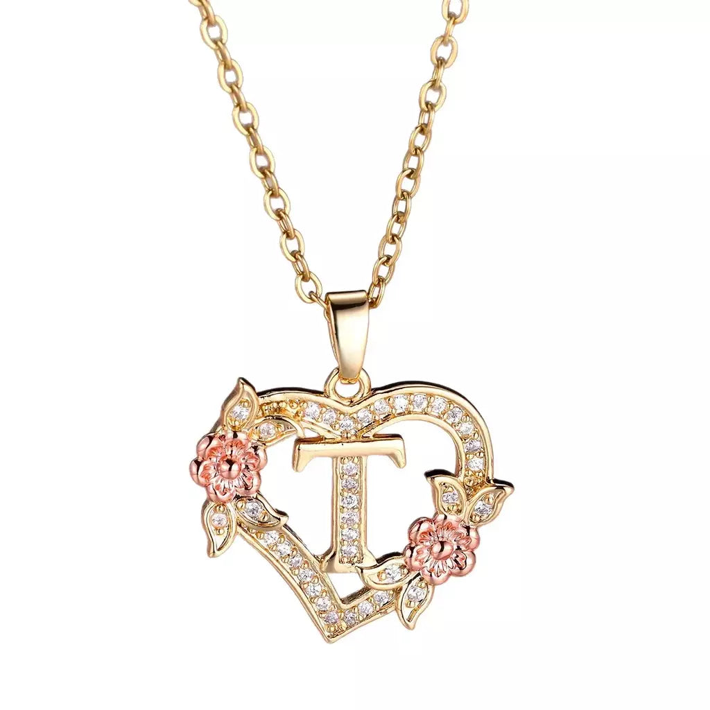 Venda quente oco amor flor 26 letras em inglês pingente de diamante senhora colar pingente personalizado moda clavícula corrente
