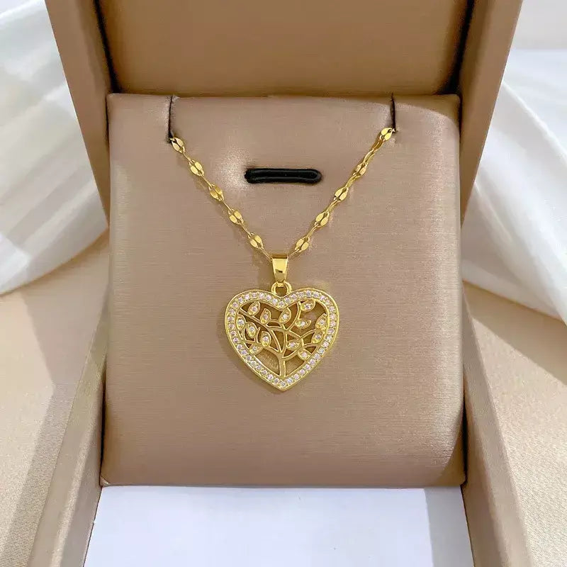 Colares Coração de Zircônia em Aço Inoxidável Mulheres Colar Metal Cor Dourada Festa de Aniversário Joias Diárias para meninas, Trendy and Love