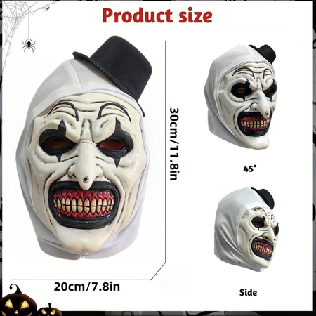 Horror Terrifier Palhaço Cosplay Máscara, Látex, Suave, Demônio, Mal, Coringa, Festa de Halloween, Fantasia, Adulto, Tamanho Único