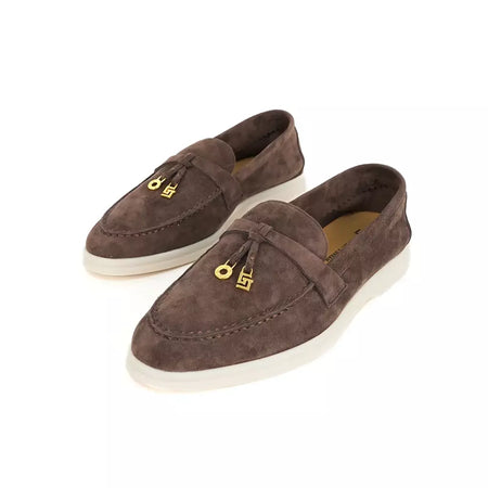 Sapatos de mula de camurça antiderrapante para mulheres, sapatos para dirigir, pingente de metal, marca de luxo, moda casual confortável, Le Fu