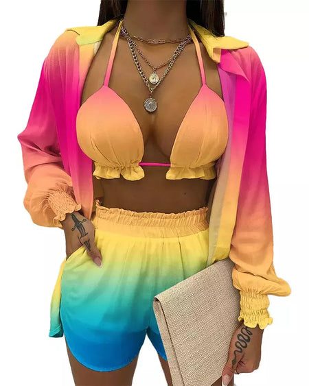Fato de banho feminino de três peças, moda praia sexy, biquíni de cintura alta, maiô estampado, shorts para cobrir, moda praia de verão, novo 2024