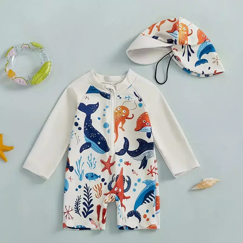 Maiô infantil de 0 a 5 anos, roupa de banho com estampa de tubarão, manga longa, meio zíper, com chapéu de sol, 2 peças, roupa de banho para crianças pequenas