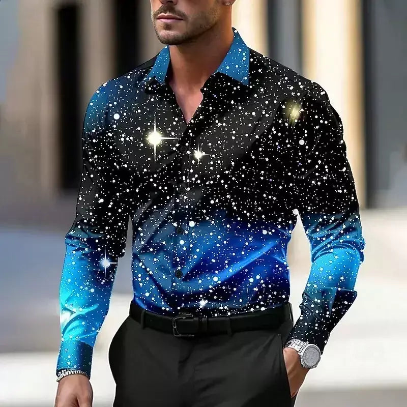 2024 venda quente camisa masculina de natal estrela/galaxy camisa de manga longa arte casual festa vestido de noite outono/inverno gola alta