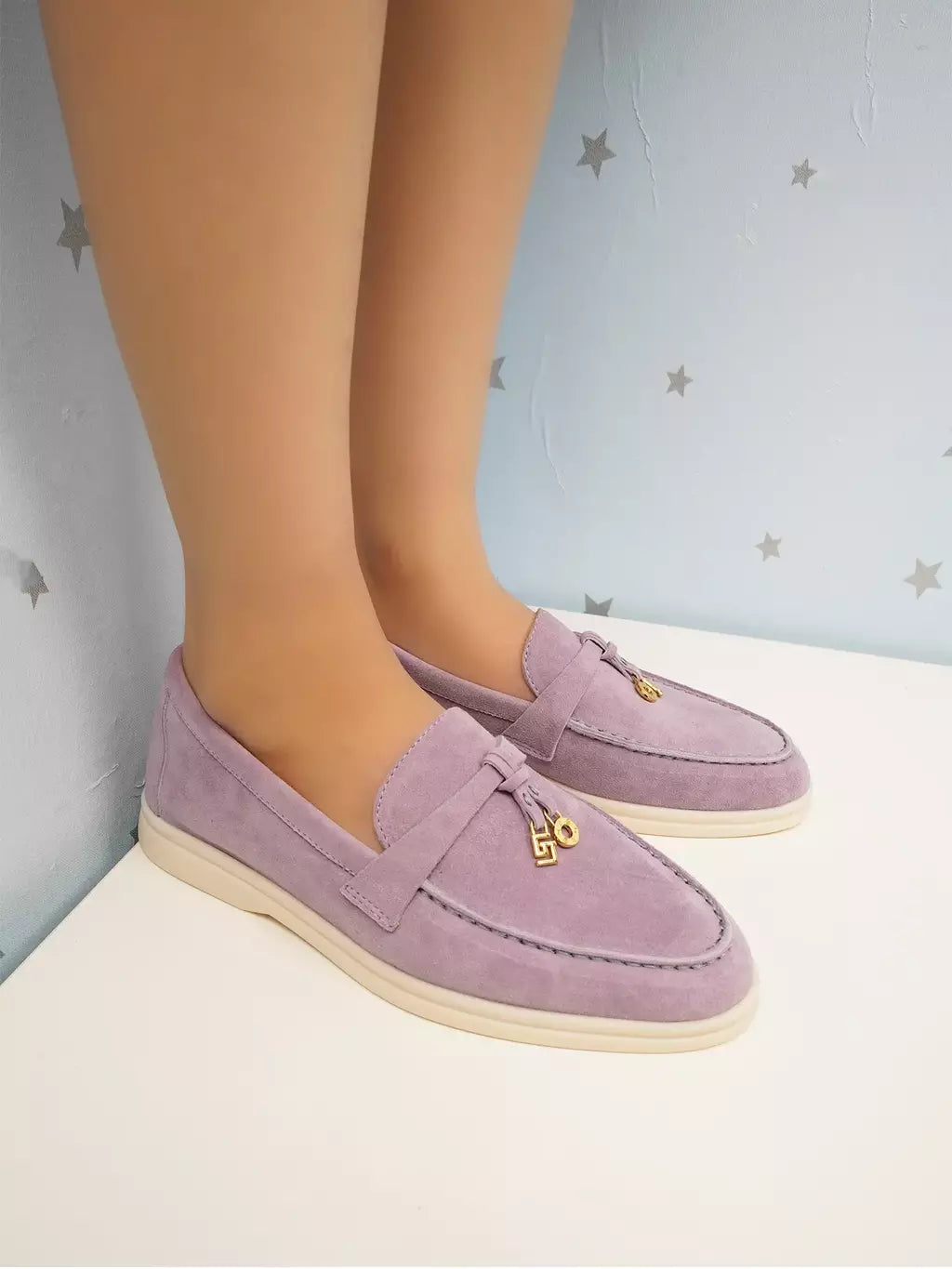 Sapatos de mula de camurça antiderrapante para mulheres, sapatos para dirigir, pingente de metal, marca de luxo, moda casual confortável, Le Fu