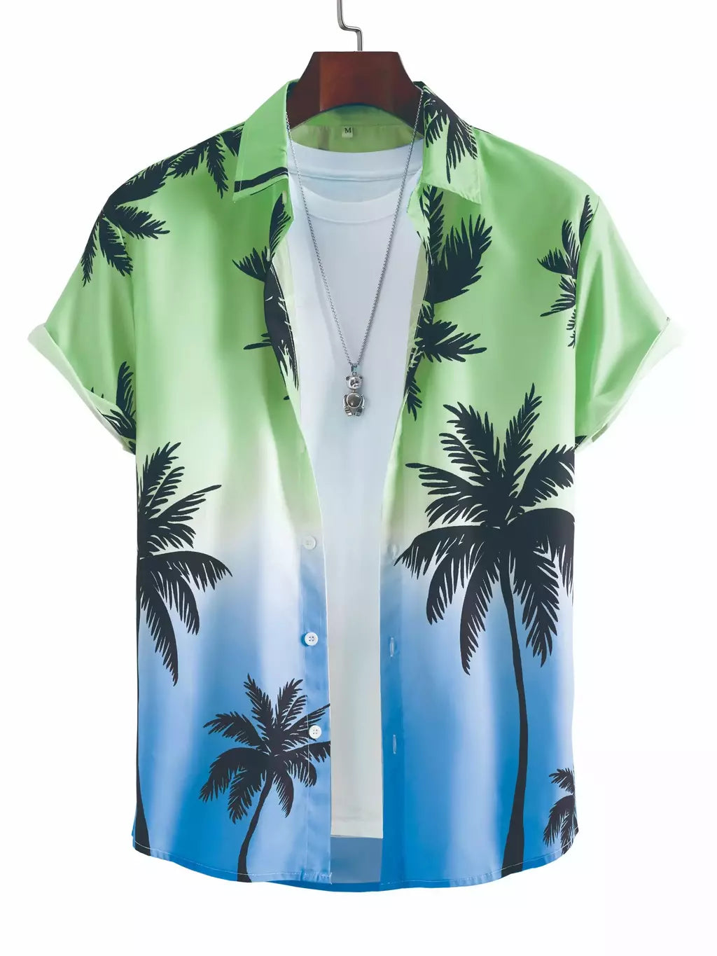 Camisa de lapela masculina de manga curta, estilo havaiano, padrão tropical de coqueiro, tops grandes, férias de verão