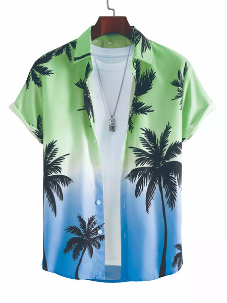 Camisa de lapela masculina de manga curta, estilo havaiano, padrão tropical de coqueiro, tops grandes, férias de verão