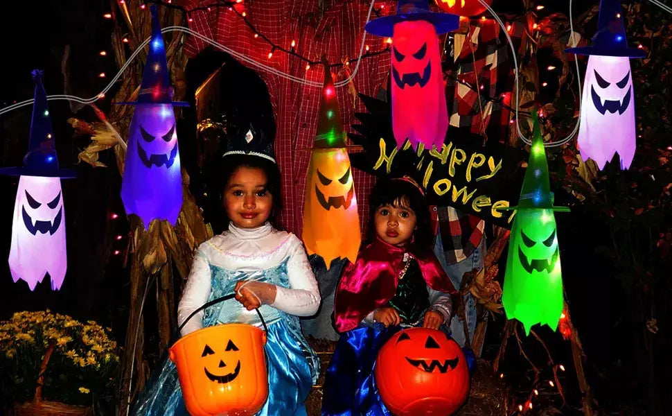 Decorações de Halloween ao ar livre 5 PCS pendurado Halloween iluminado brilhante chapéu de bruxa fantasma com luzes de corda LED para festa jardim