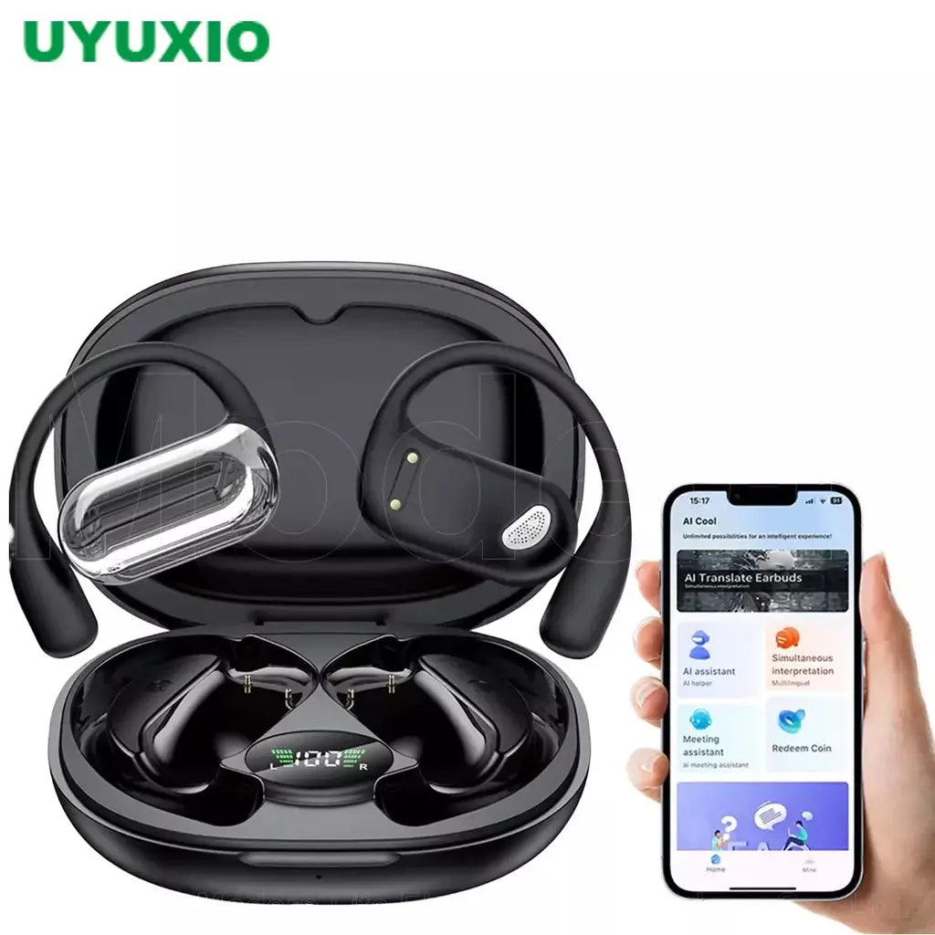 UYUXIO Fones de ouvido tradutor em tempo real AI Fones de ouvido para tradução de idiomas 144 idiomas e detalhes 3 em 1 OWS Fones de ouvido para negócios