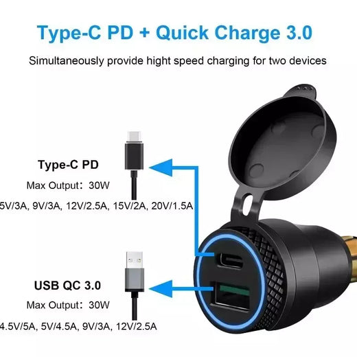 Carregador à prova d'água para motocicleta 30w qc3.0 usb tipo c pd adaptador de alimentação hella din tomada carregador rápido para bmw ducati triumph