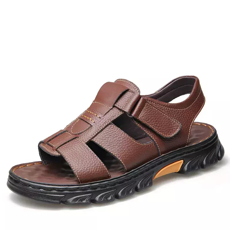 Sandálias de couro de sola grossa masculinas, sapatos de praia, chinelos de couro antiderrapantes, ao ar livre, novo, 2024