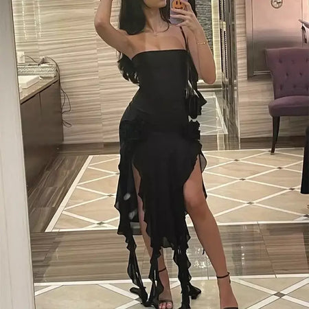 Mulheres sem alças sexy floral dobra hemline alta fenda mini vestido 2024 sólido sem costas sem mangas preto e rosa vestido de festa